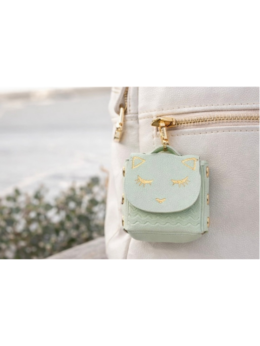 NEW Leather Kitty Coin Pouch & Earbud Case – Gold Hardware / Light Green
